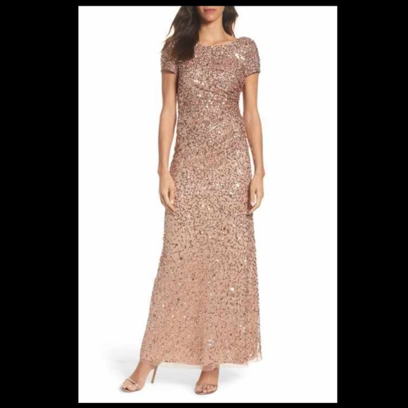 NWT $299 Adrianna Papell Sequin‎ Cowl Back Gown in Rose Gold [PETITE 2P ] - Picture 8 of 10